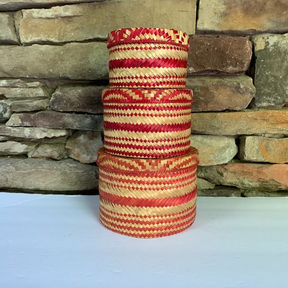 3 Box Set Baskets Red Stacking Graduated Dog Motif Boho Storage Decor Organizing - Picture 8 of 16